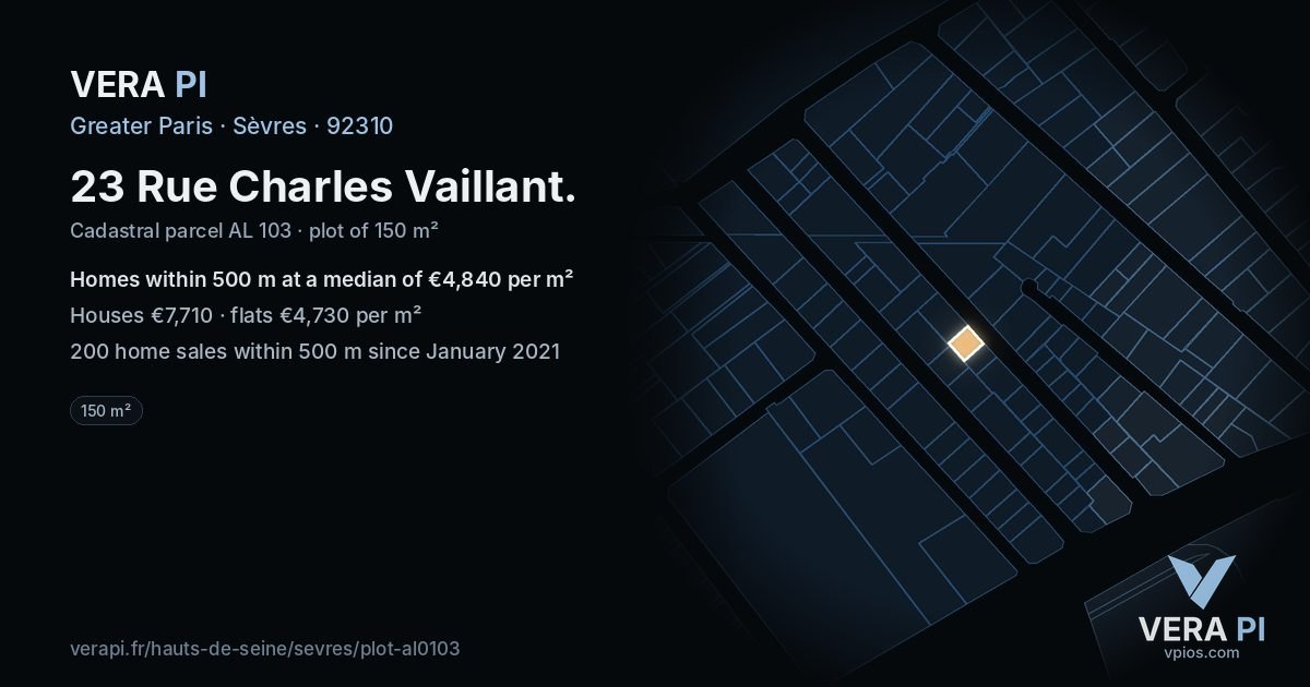 23 Rue Charles Vaillant, Sèvres at night – the plot lit, the parcels around coloured by the prices near them