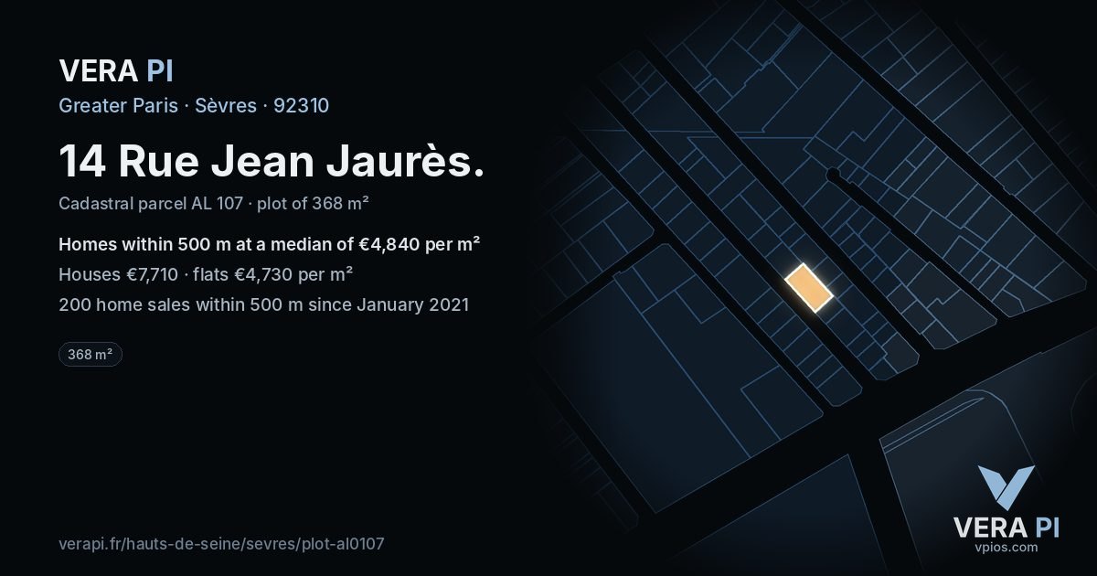 14 Rue Jean Jaurès, Sèvres at night – the plot lit, the parcels around coloured by the prices near them