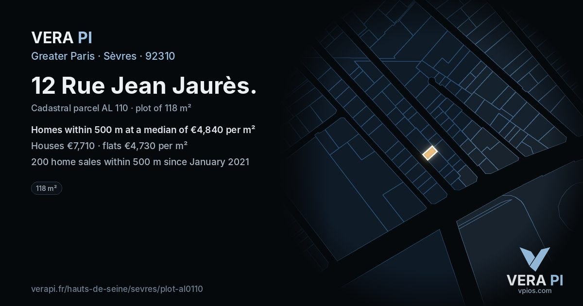 12 Rue Jean Jaurès, Sèvres at night – the plot lit, the parcels around coloured by the prices near them