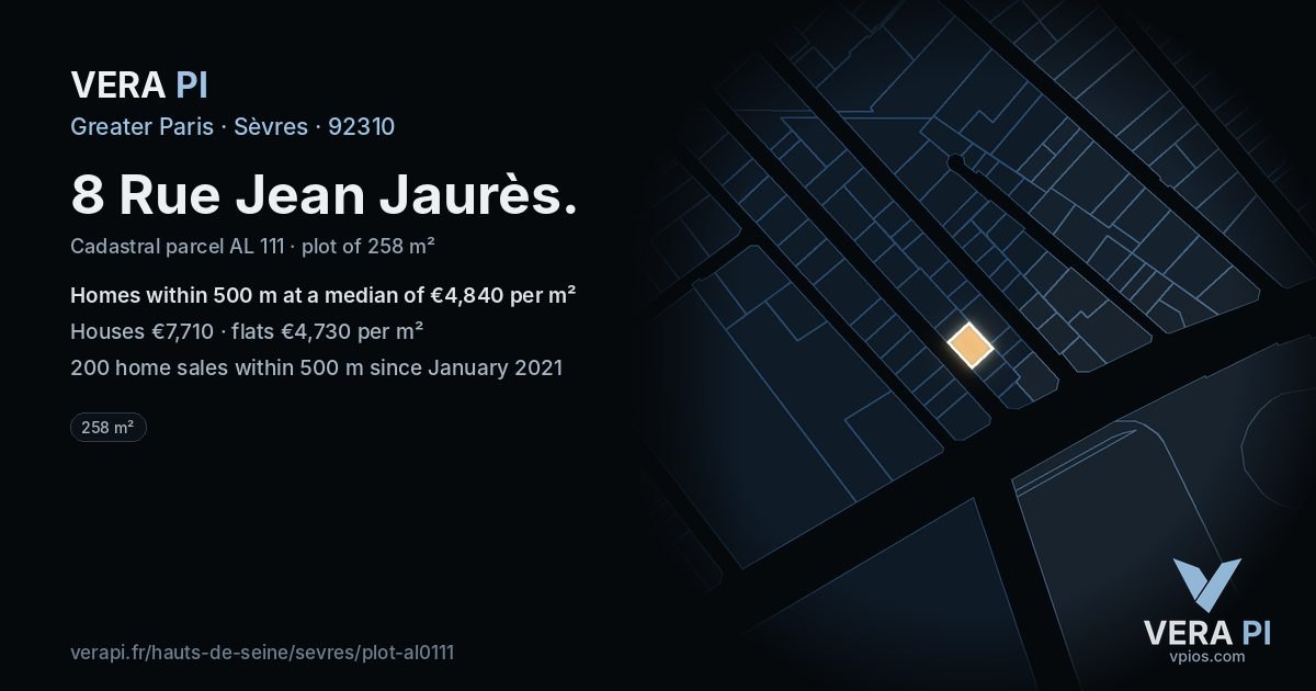 8 Rue Jean Jaurès, Sèvres at night – the plot lit, the parcels around coloured by the prices near them