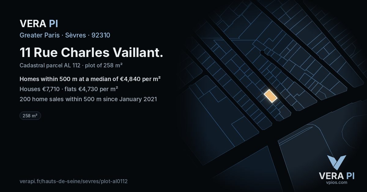 11 Rue Charles Vaillant, Sèvres at night – the plot lit, the parcels around coloured by the prices near them