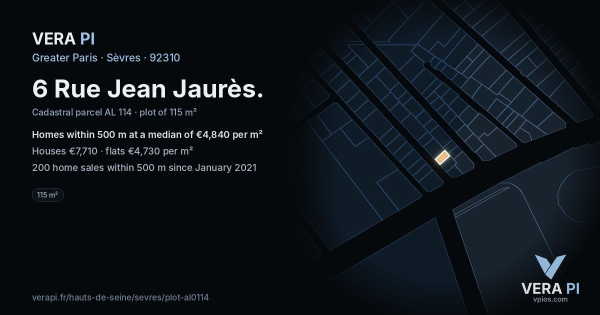 6 Rue Jean Jaurès, Sèvres at night – the plot lit, the parcels around coloured by the prices near them