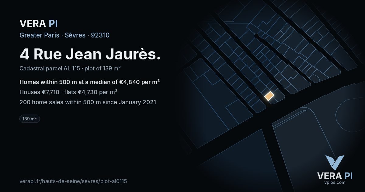 4 Rue Jean Jaurès, Sèvres at night – the plot lit, the parcels around coloured by the prices near them
