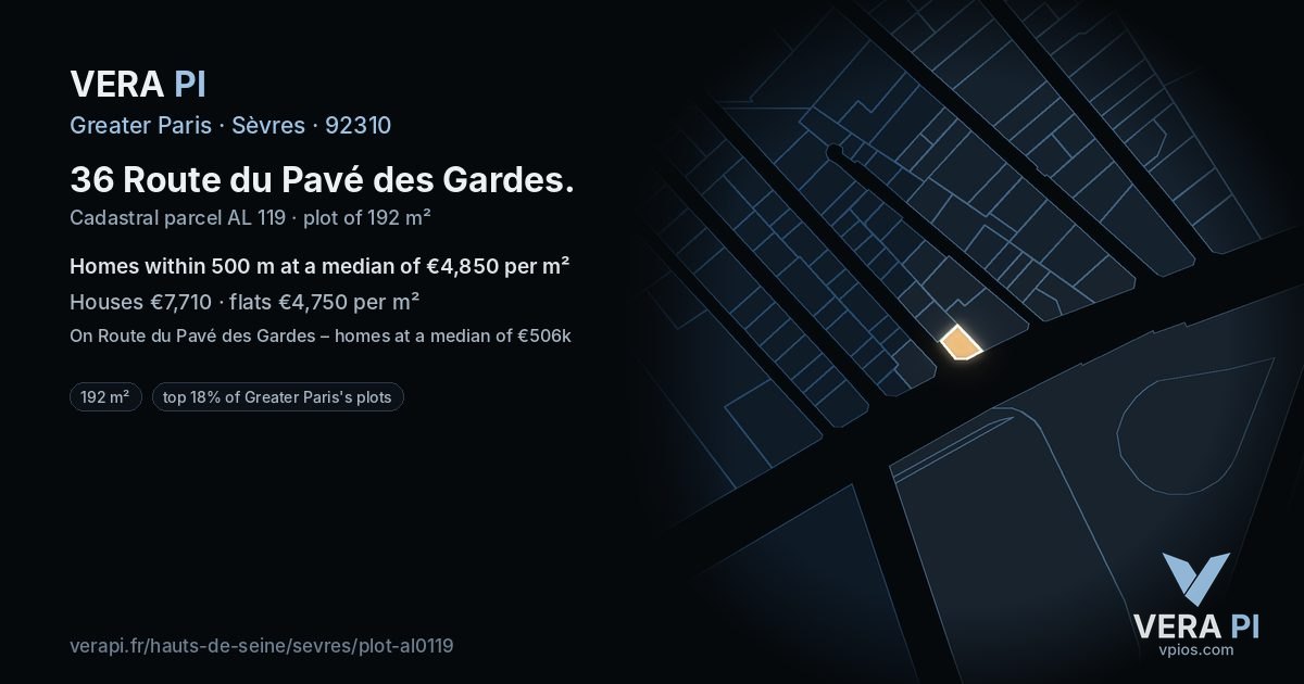 36 Route du Pavé des Gardes, Sèvres at night – the plot lit, the parcels around coloured by the prices near them