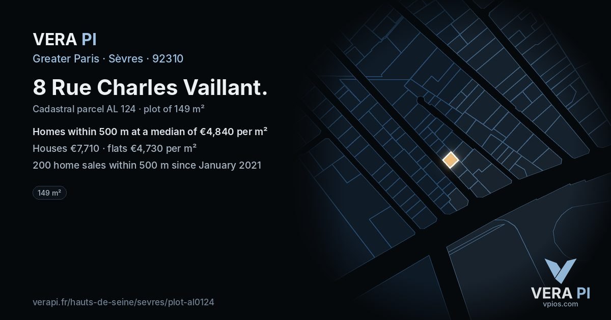 8 Rue Charles Vaillant, Sèvres at night – the plot lit, the parcels around coloured by the prices near them