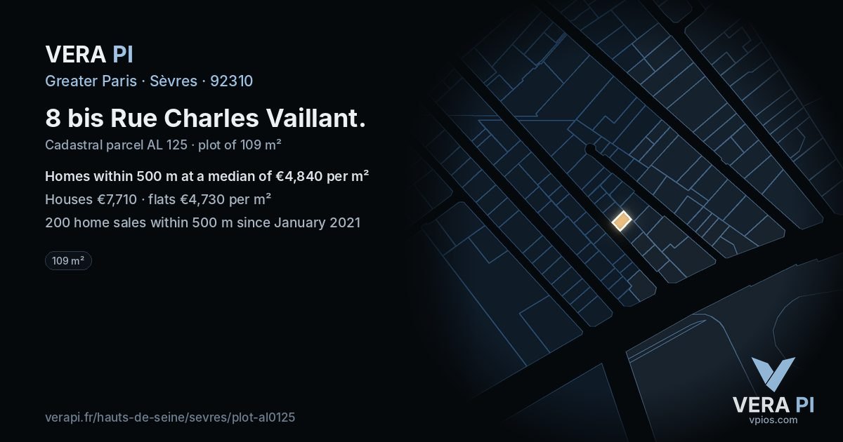 8 bis Rue Charles Vaillant, Sèvres at night – the plot lit, the parcels around coloured by the prices near them