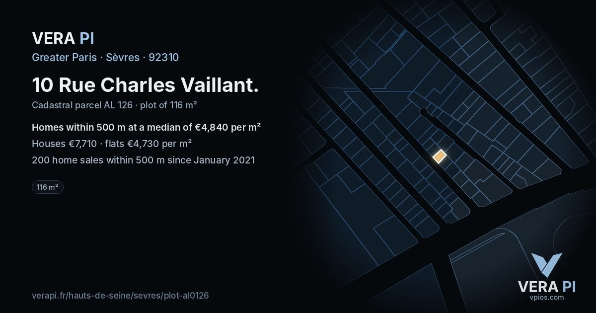 10 Rue Charles Vaillant, Sèvres at night – the plot lit, the parcels around coloured by the prices near them