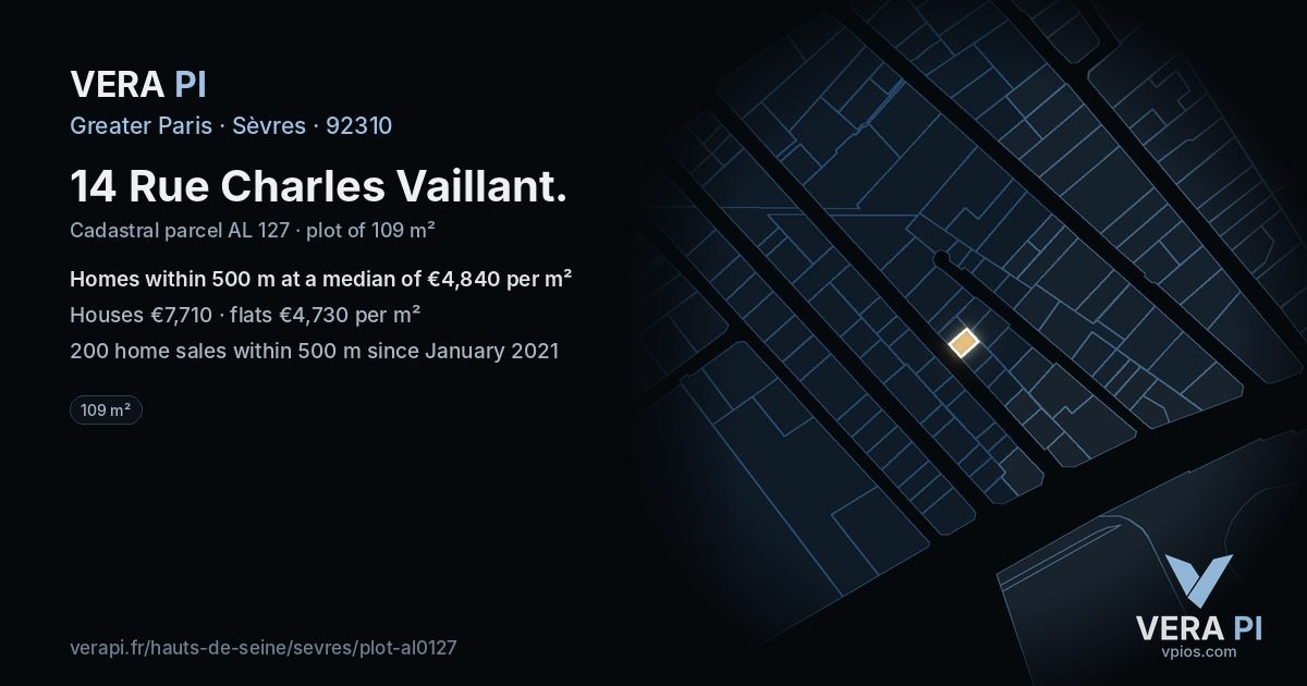 14 Rue Charles Vaillant, Sèvres at night – the plot lit, the parcels around coloured by the prices near them