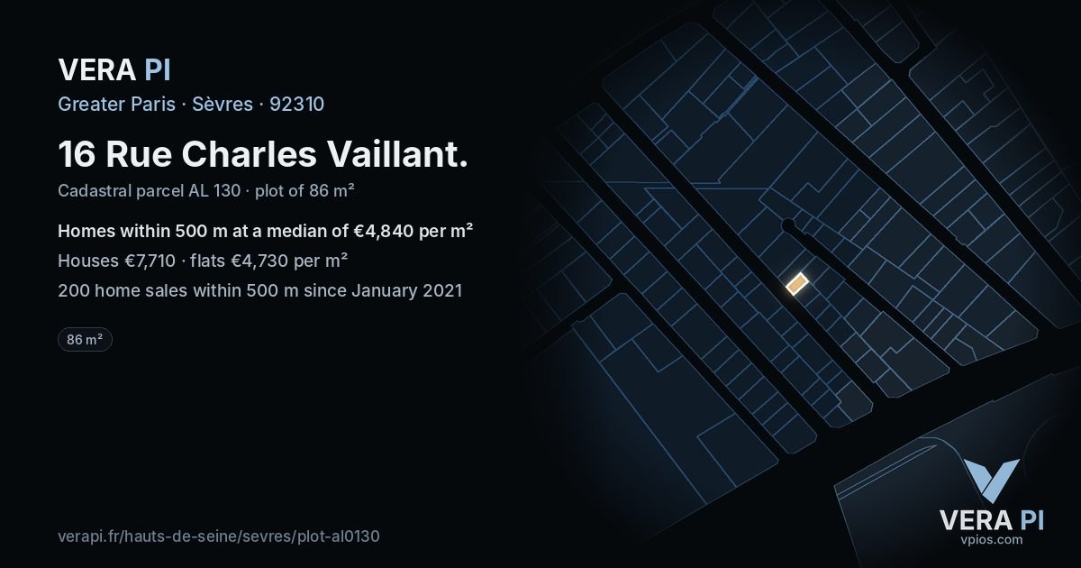 16 Rue Charles Vaillant, Sèvres at night – the plot lit, the parcels around coloured by the prices near them