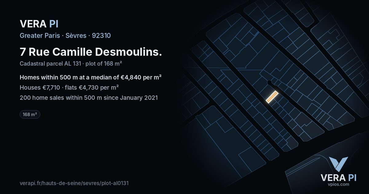 7 Rue Camille Desmoulins, Sèvres at night – the plot lit, the parcels around coloured by the prices near them
