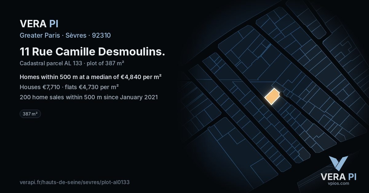 11 Rue Camille Desmoulins, Sèvres at night – the plot lit, the parcels around coloured by the prices near them