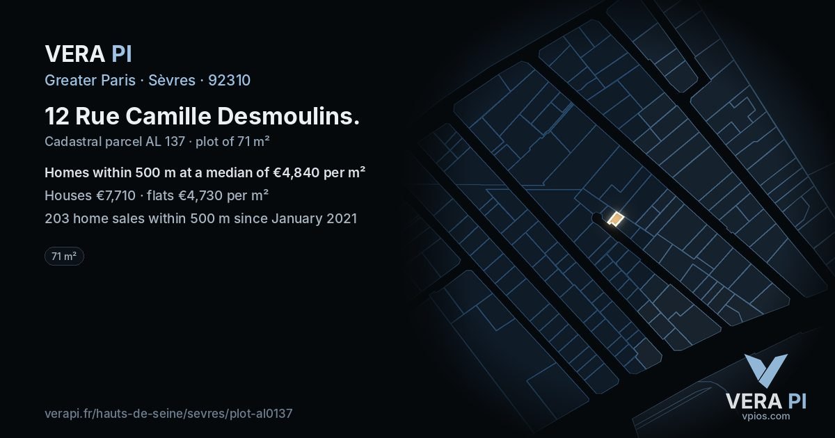 12 Rue Camille Desmoulins, Sèvres at night – the plot lit, the parcels around coloured by the prices near them