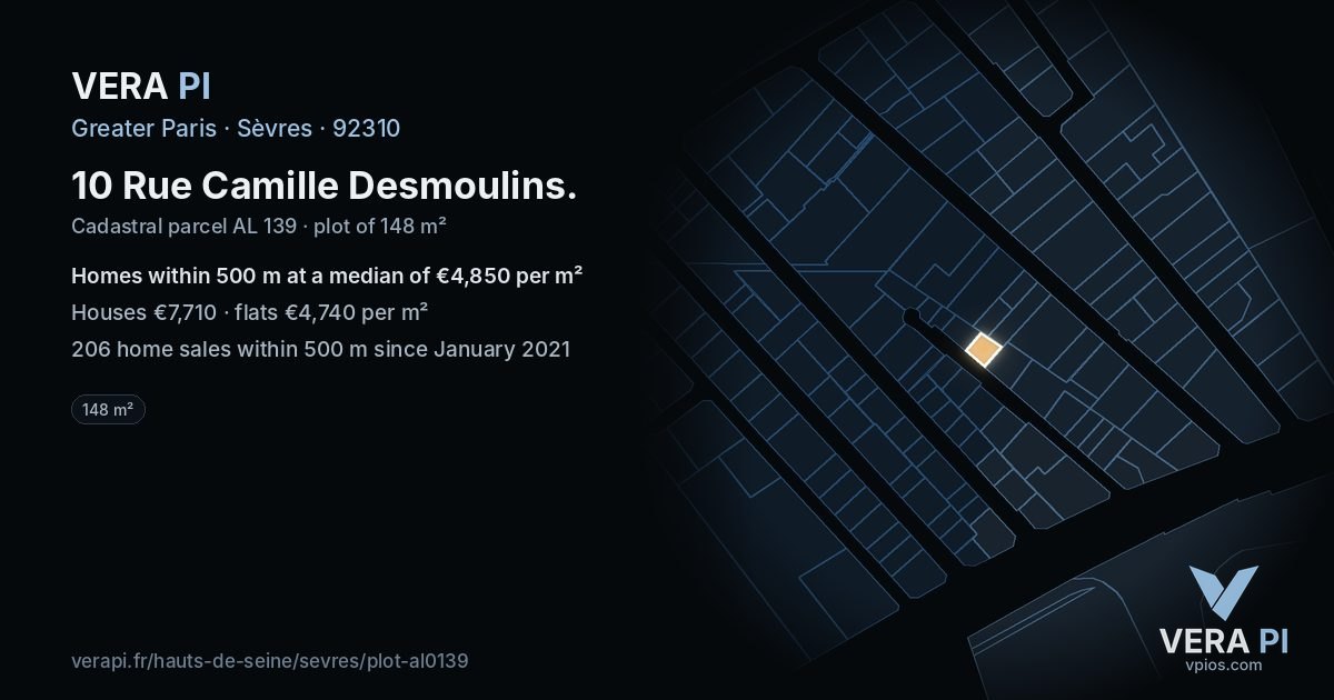 10 Rue Camille Desmoulins, Sèvres at night – the plot lit, the parcels around coloured by the prices near them