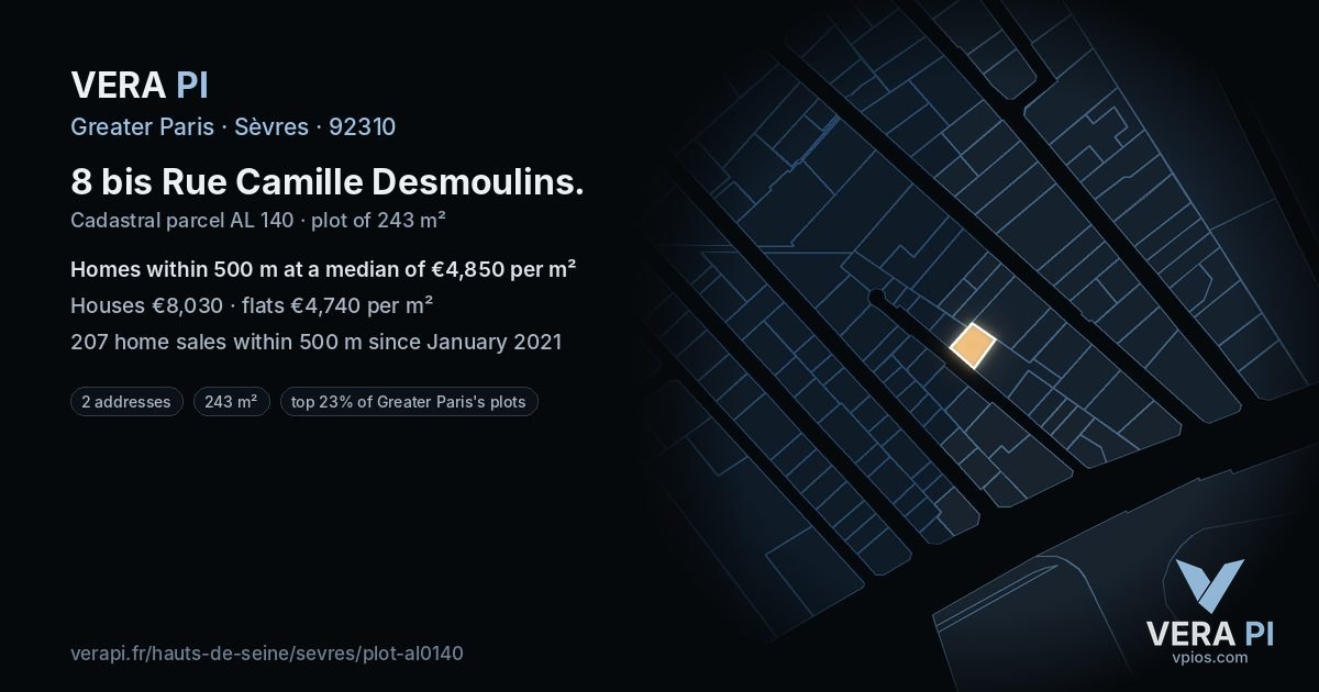 8 bis Rue Camille Desmoulins, Sèvres at night – the plot lit, the parcels around coloured by the prices near them