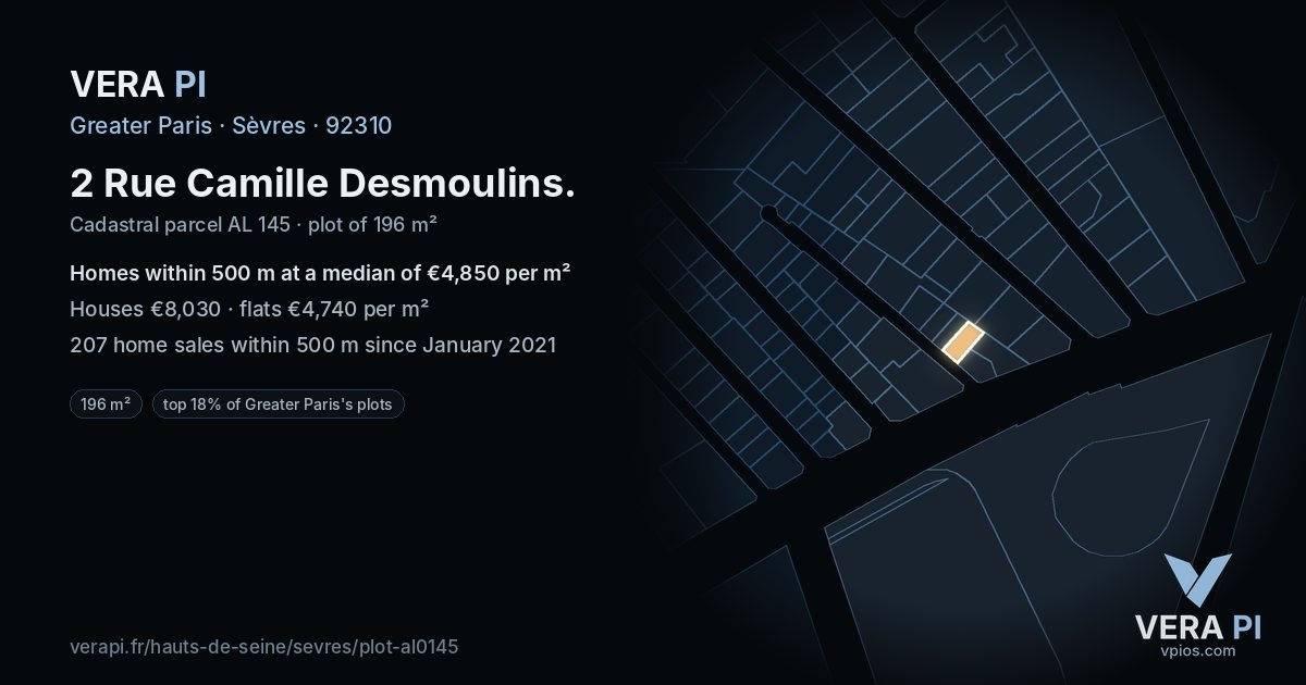 2 Rue Camille Desmoulins, Sèvres at night – the plot lit, the parcels around coloured by the prices near them