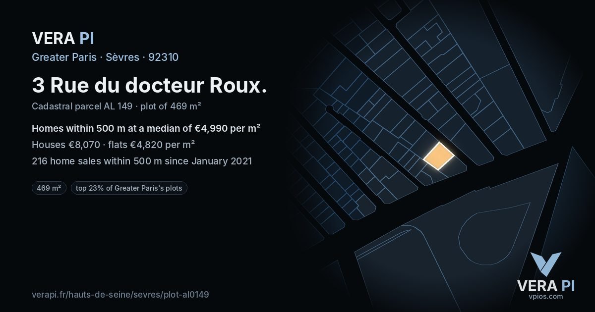 3 Rue du docteur Roux, Sèvres at night – the plot lit, the parcels around coloured by the prices near them