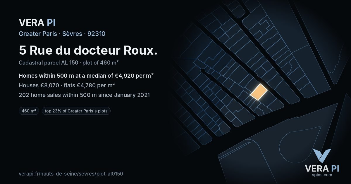 5 Rue du docteur Roux, Sèvres at night – the plot lit, the parcels around coloured by the prices near them