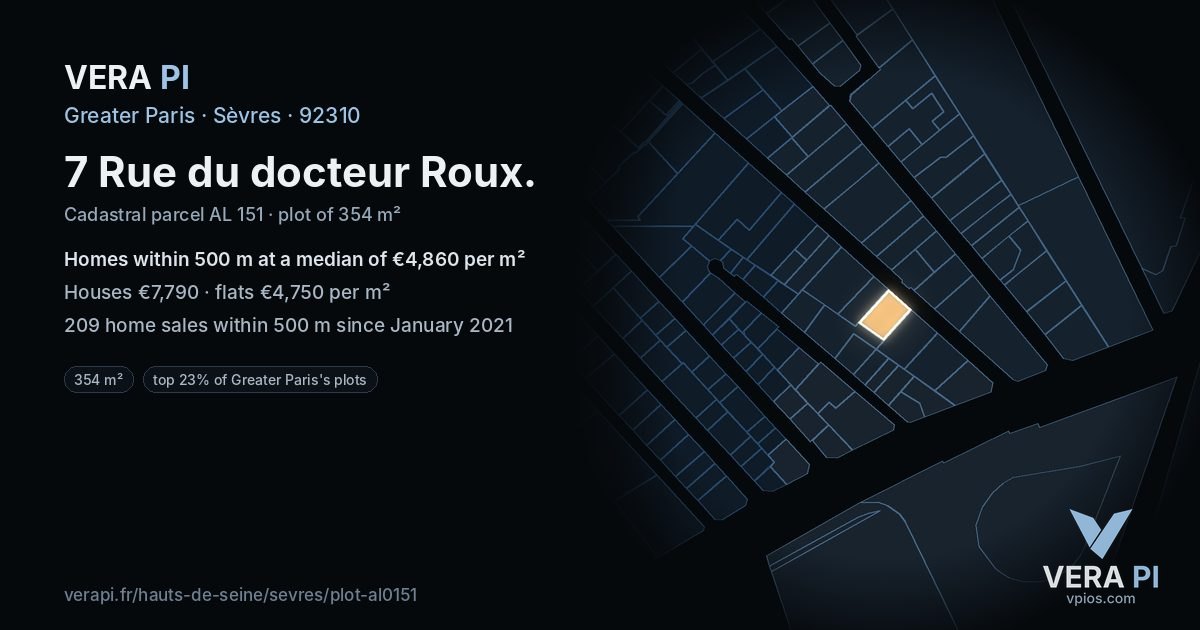 7 Rue du docteur Roux, Sèvres at night – the plot lit, the parcels around coloured by the prices near them