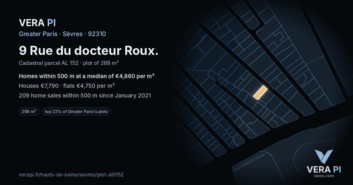 9 Rue du docteur Roux, Sèvres at night – the plot lit, the parcels around coloured by the prices near them