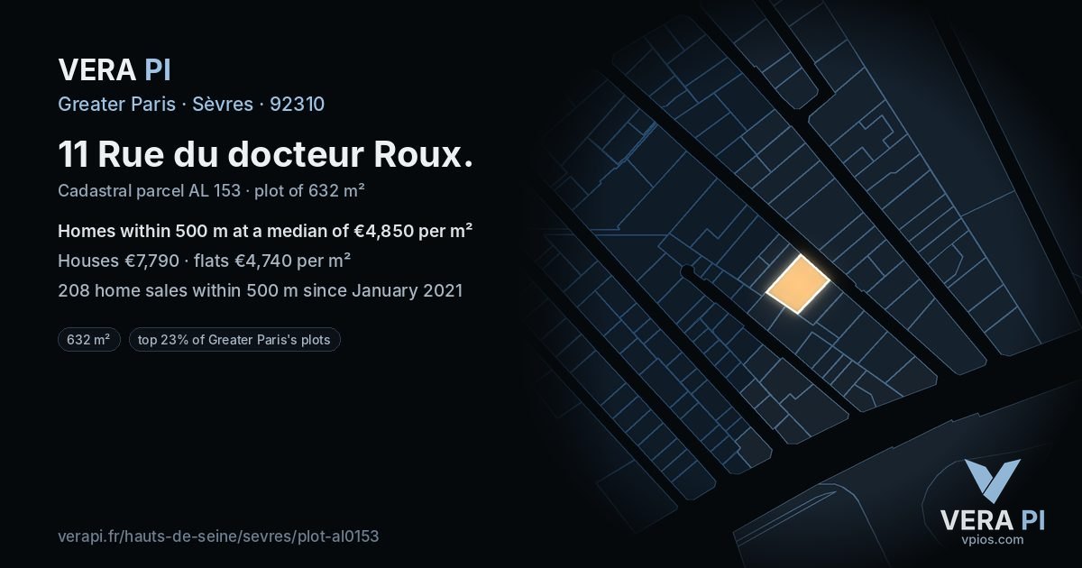 11 Rue du docteur Roux, Sèvres at night – the plot lit, the parcels around coloured by the prices near them