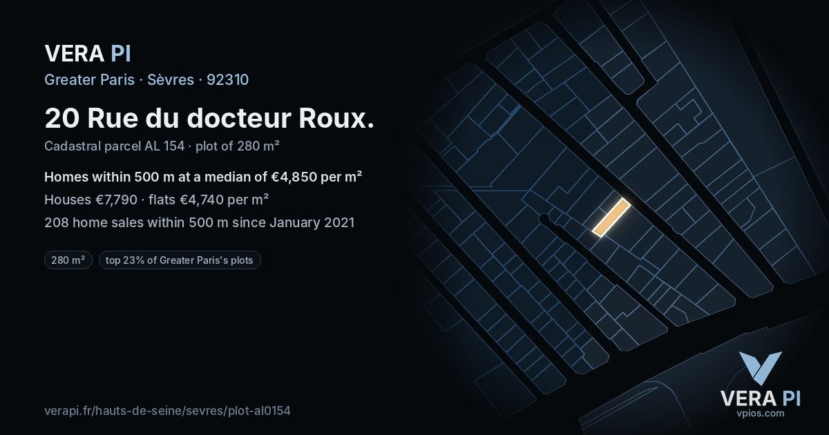 20 Rue du docteur Roux, Sèvres at night – the plot lit, the parcels around coloured by the prices near them