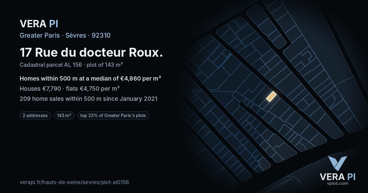 17 Rue du docteur Roux, Sèvres at night – the plot lit, the parcels around coloured by the prices near them