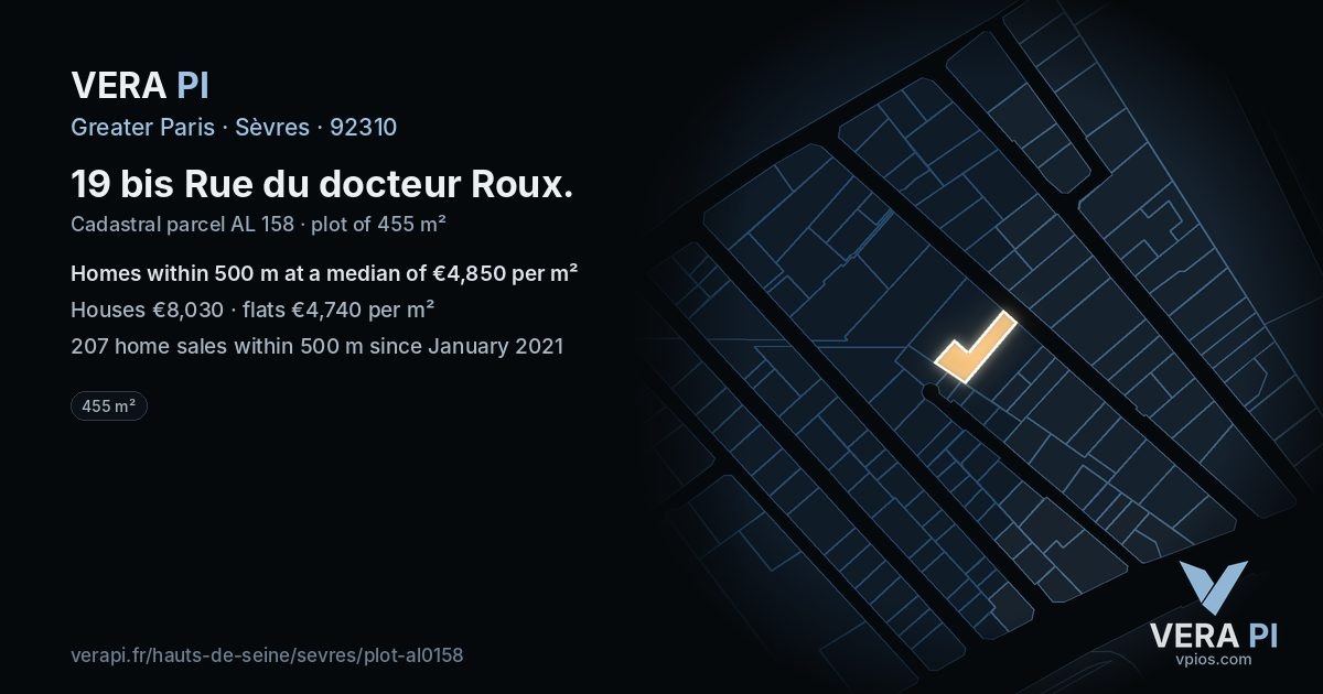 19 bis Rue du docteur Roux, Sèvres at night – the plot lit, the parcels around coloured by the prices near them