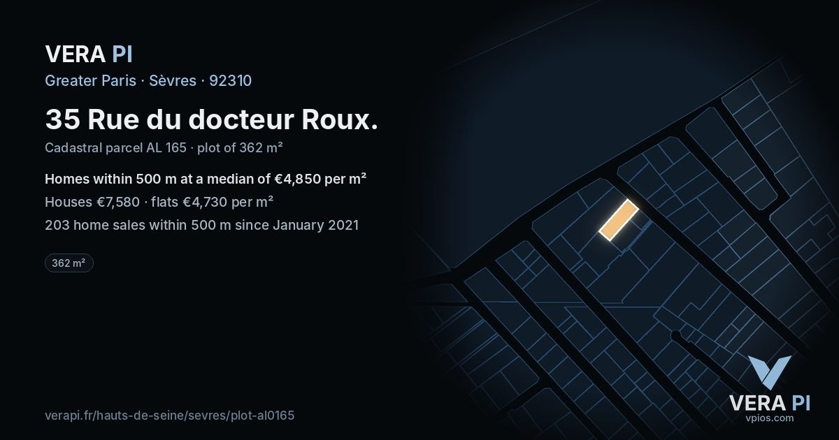 35 Rue du docteur Roux, Sèvres at night – the plot lit, the parcels around coloured by the prices near them