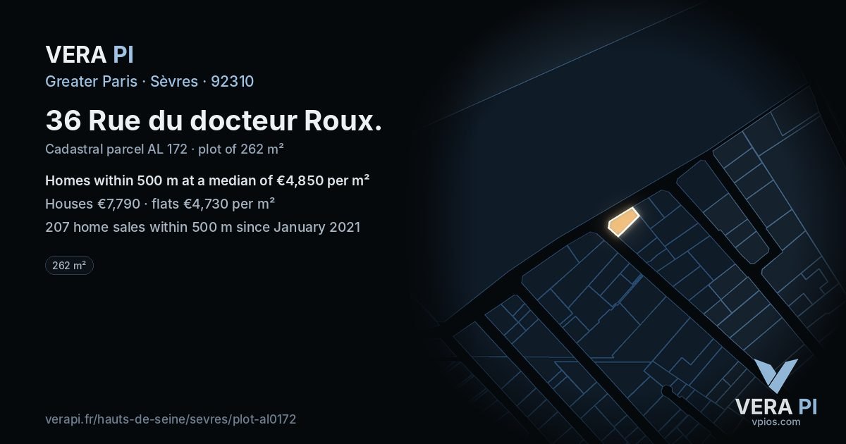 36 Rue du docteur Roux, Sèvres at night – the plot lit, the parcels around coloured by the prices near them