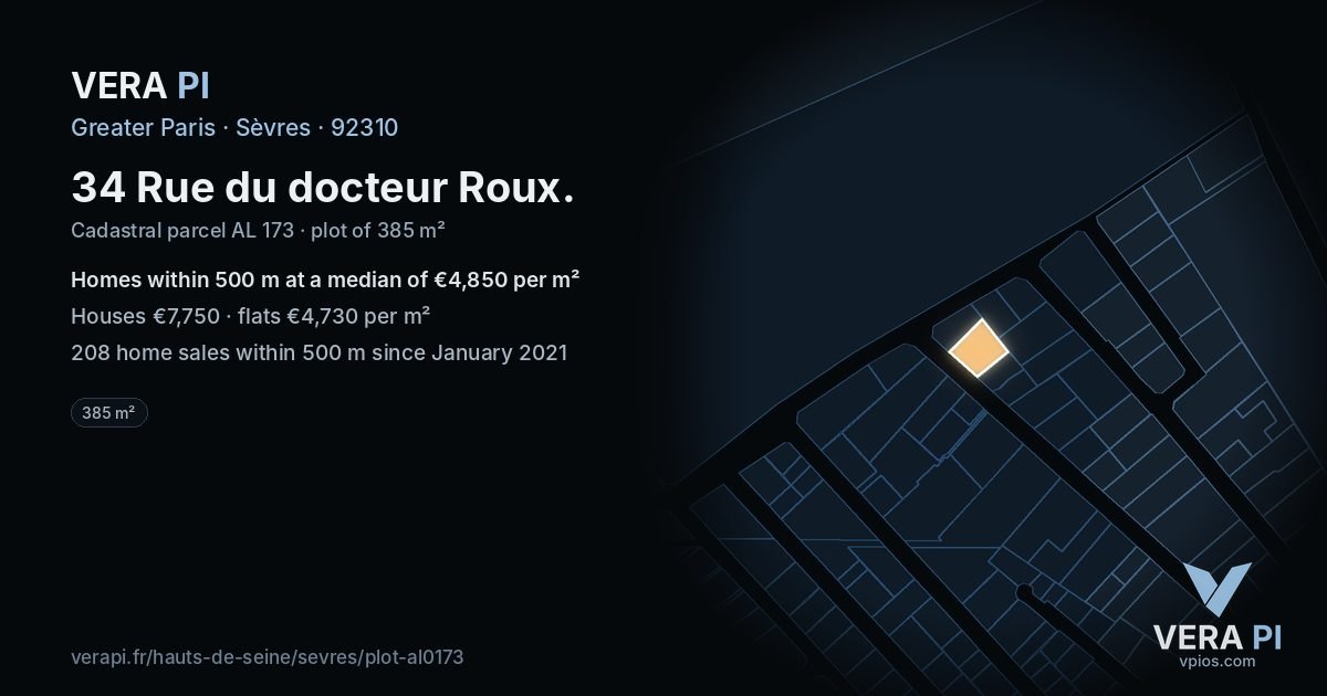 34 Rue du docteur Roux, Sèvres at night – the plot lit, the parcels around coloured by the prices near them
