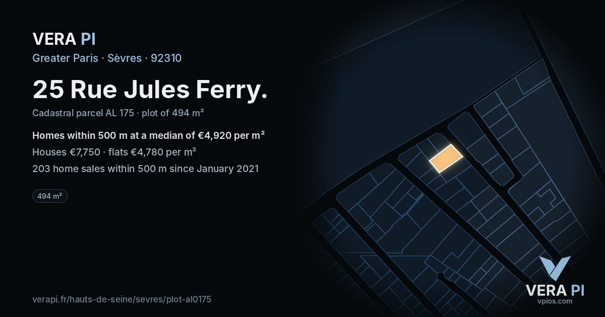 25 Rue Jules Ferry, Sèvres at night – the plot lit, the parcels around coloured by the prices near them