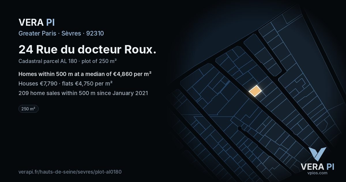 24 Rue du docteur Roux, Sèvres at night – the plot lit, the parcels around coloured by the prices near them