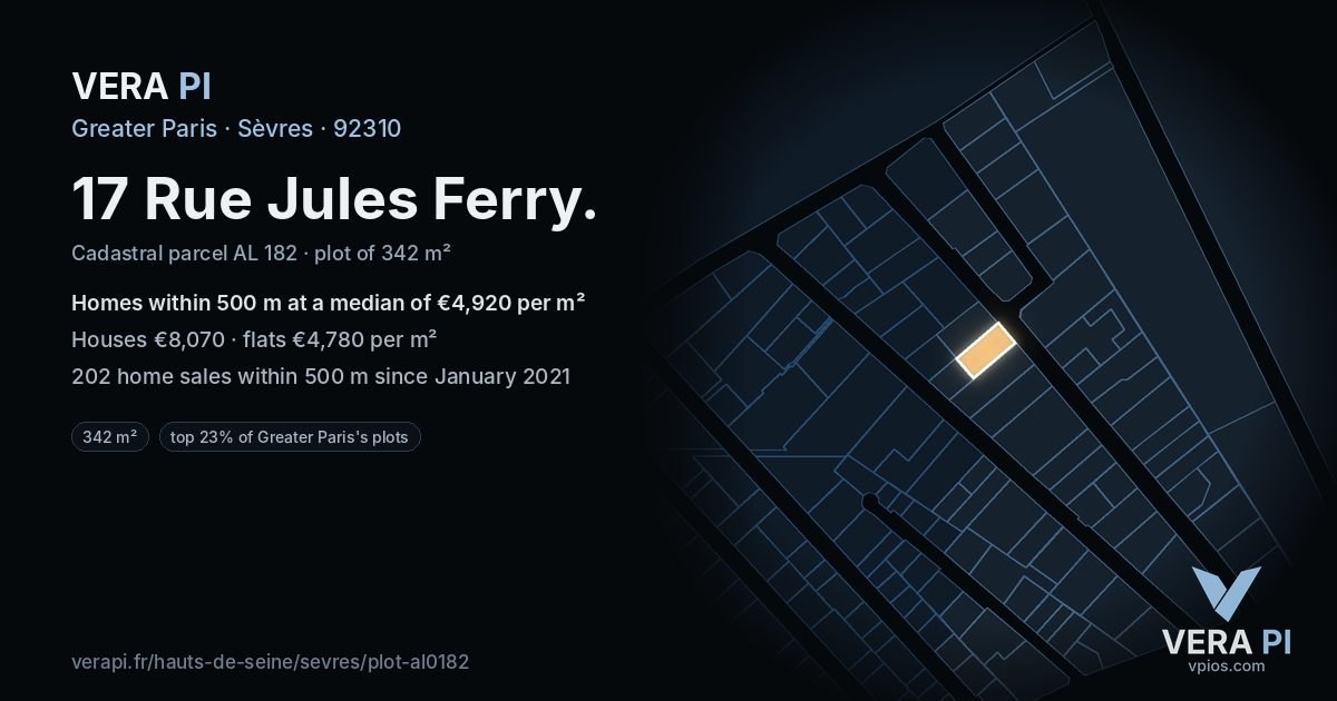 17 Rue Jules Ferry, Sèvres at night – the plot lit, the parcels around coloured by the prices near them