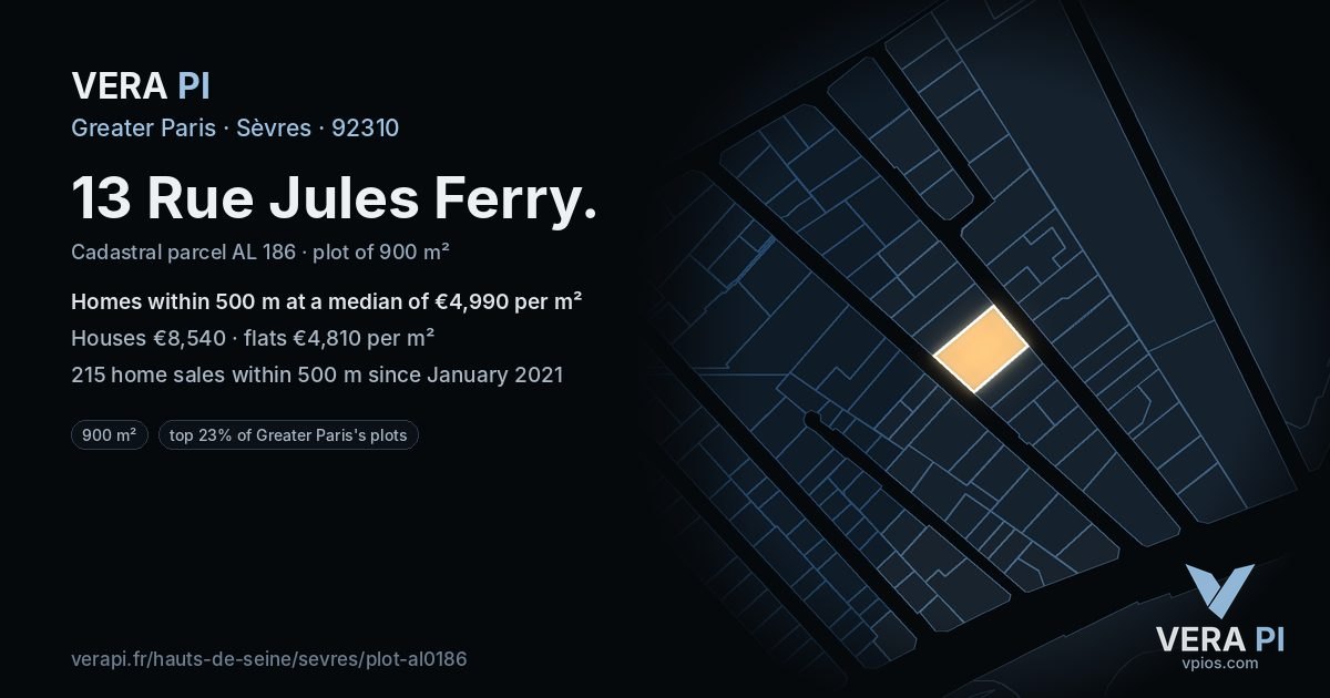 13 Rue Jules Ferry, Sèvres at night – the plot lit, the parcels around coloured by the prices near them