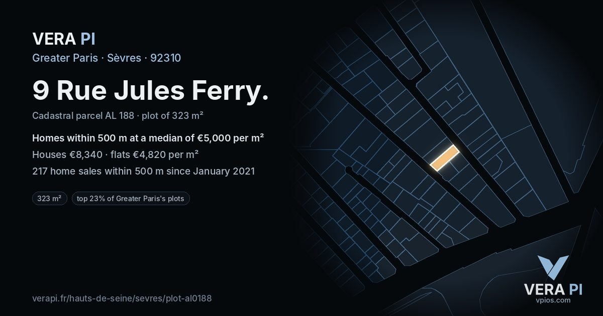 9 Rue Jules Ferry, Sèvres at night – the plot lit, the parcels around coloured by the prices near them