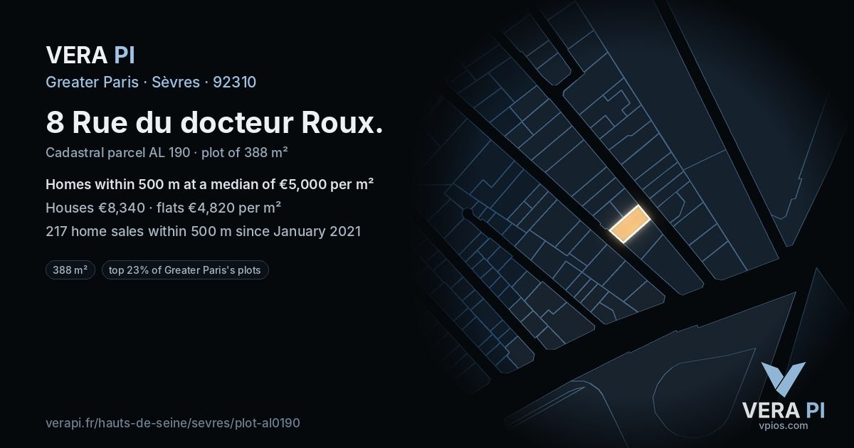 8 Rue du docteur Roux, Sèvres at night – the plot lit, the parcels around coloured by the prices near them