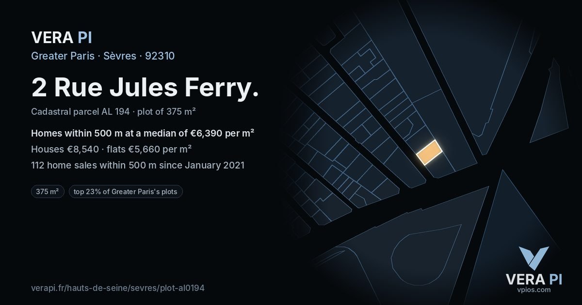 2 Rue Jules Ferry, Sèvres at night – the plot lit, the parcels around coloured by the prices near them