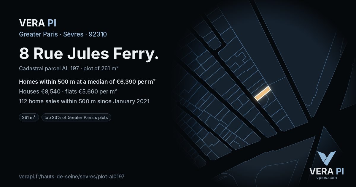 8 Rue Jules Ferry, Sèvres at night – the plot lit, the parcels around coloured by the prices near them