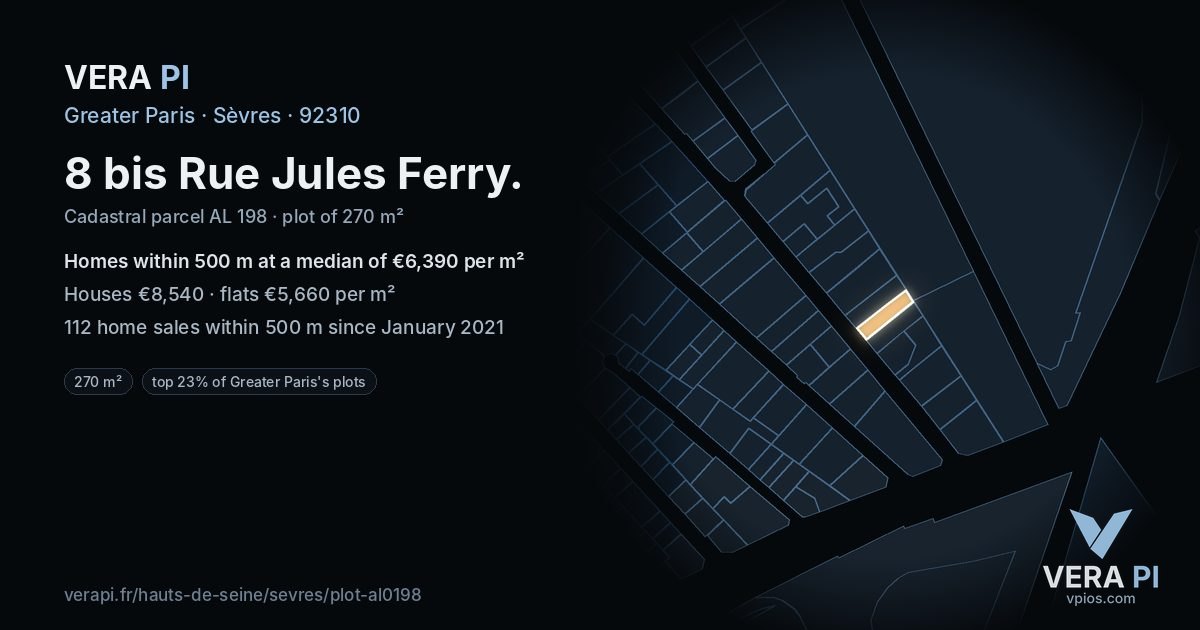 8 bis Rue Jules Ferry, Sèvres at night – the plot lit, the parcels around coloured by the prices near them