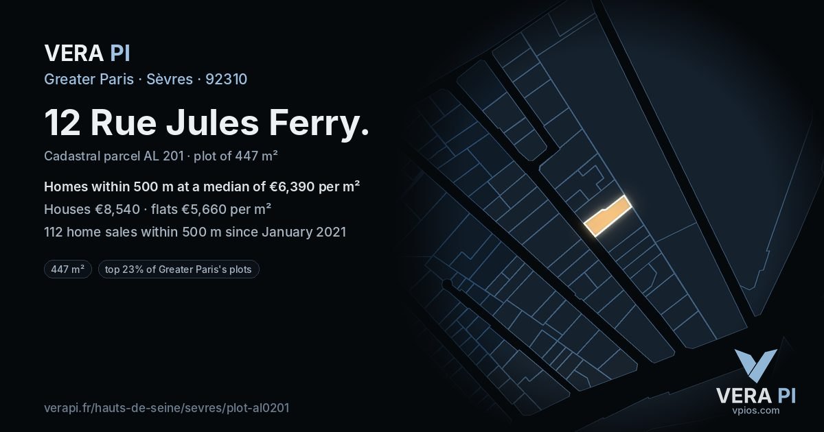 12 Rue Jules Ferry, Sèvres at night – the plot lit, the parcels around coloured by the prices near them