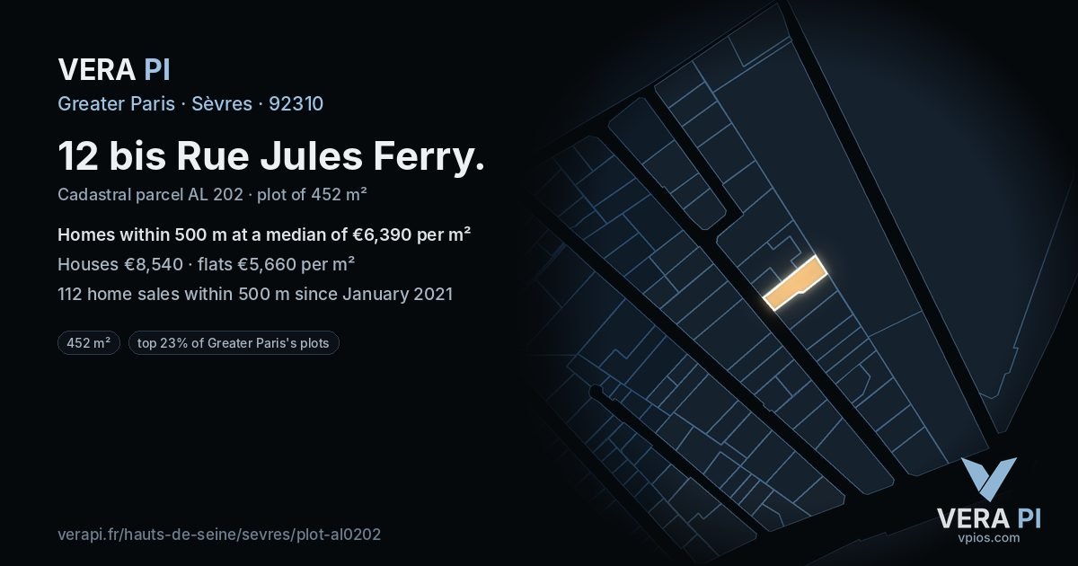 12 bis Rue Jules Ferry, Sèvres at night – the plot lit, the parcels around coloured by the prices near them