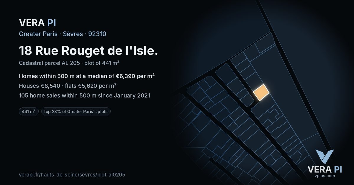 18 Rue Rouget de l'Isle, Sèvres at night – the plot lit, the parcels around coloured by the prices near them