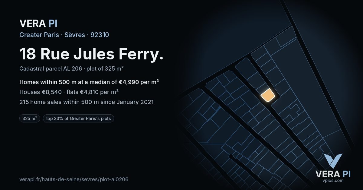 18 Rue Jules Ferry, Sèvres at night – the plot lit, the parcels around coloured by the prices near them