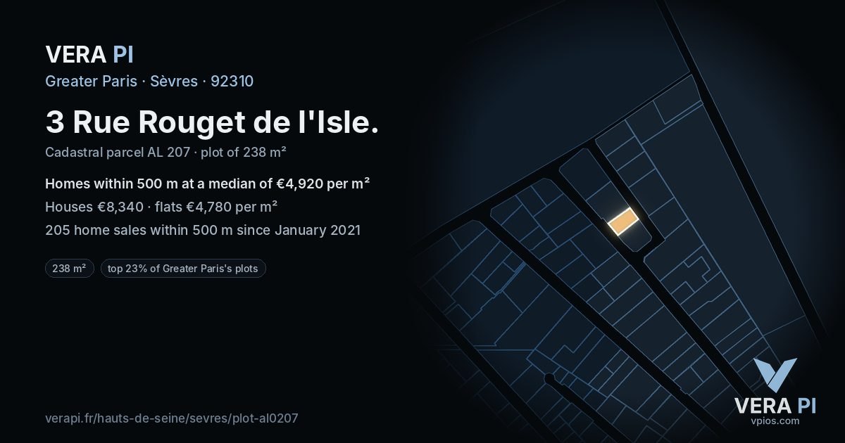 3 Rue Rouget de l'Isle, Sèvres at night – the plot lit, the parcels around coloured by the prices near them