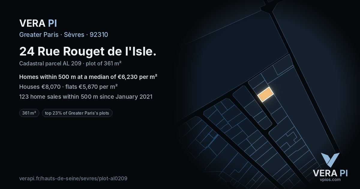 24 Rue Rouget de l'Isle, Sèvres at night – the plot lit, the parcels around coloured by the prices near them