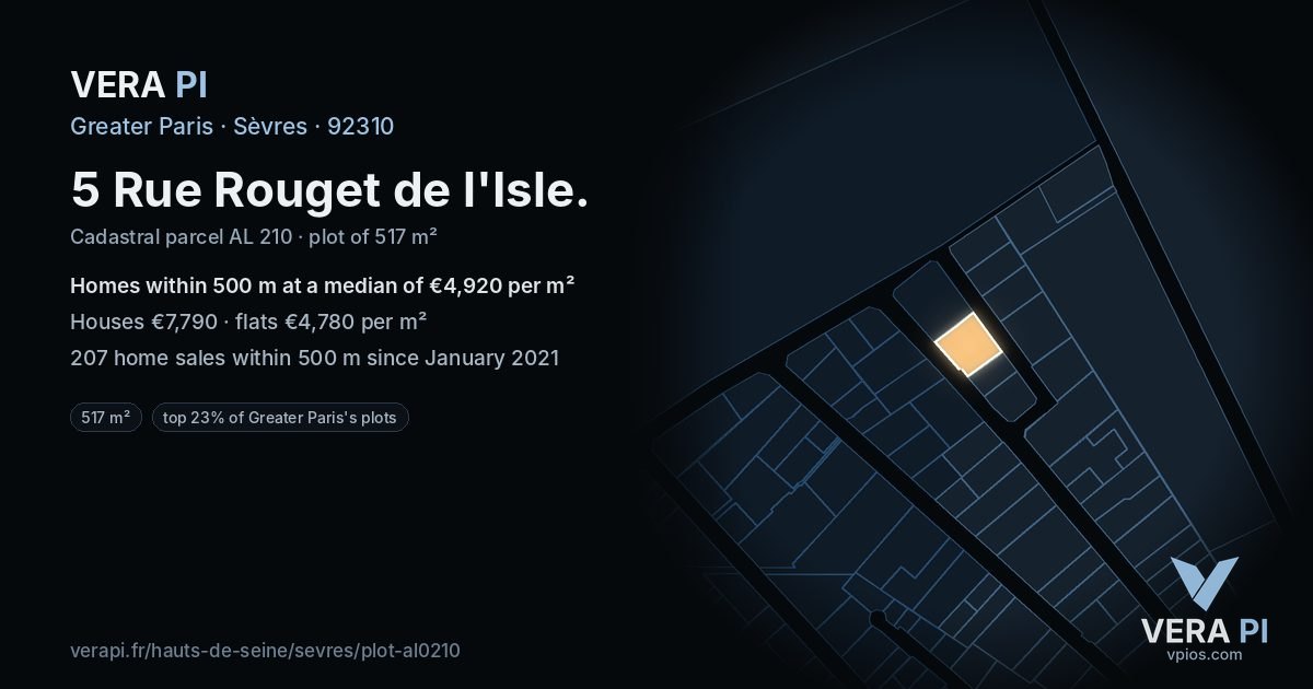 5 Rue Rouget de l'Isle, Sèvres at night – the plot lit, the parcels around coloured by the prices near them