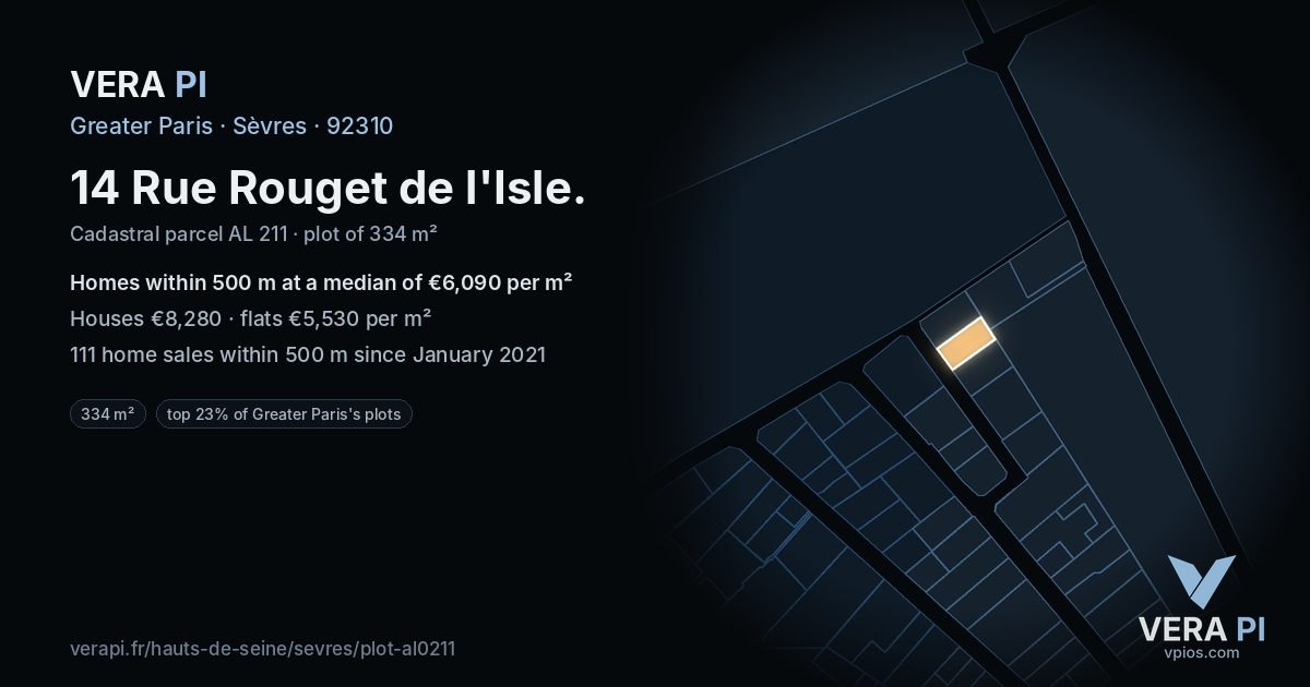 14 Rue Rouget de l'Isle, Sèvres at night – the plot lit, the parcels around coloured by the prices near them