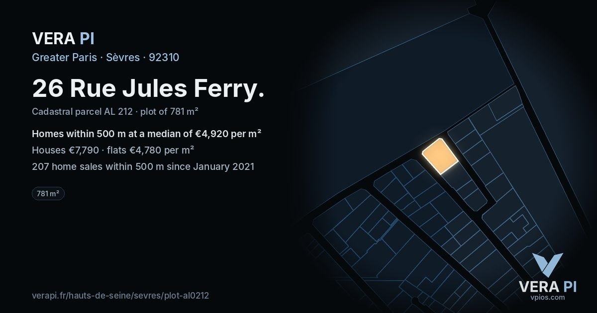 26 Rue Jules Ferry, Sèvres at night – the plot lit, the parcels around coloured by the prices near them