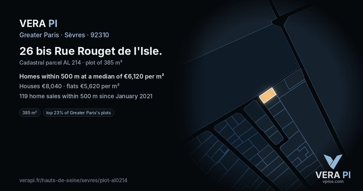 26 bis Rue Rouget de l'Isle, Sèvres at night – the plot lit, the parcels around coloured by the prices near them