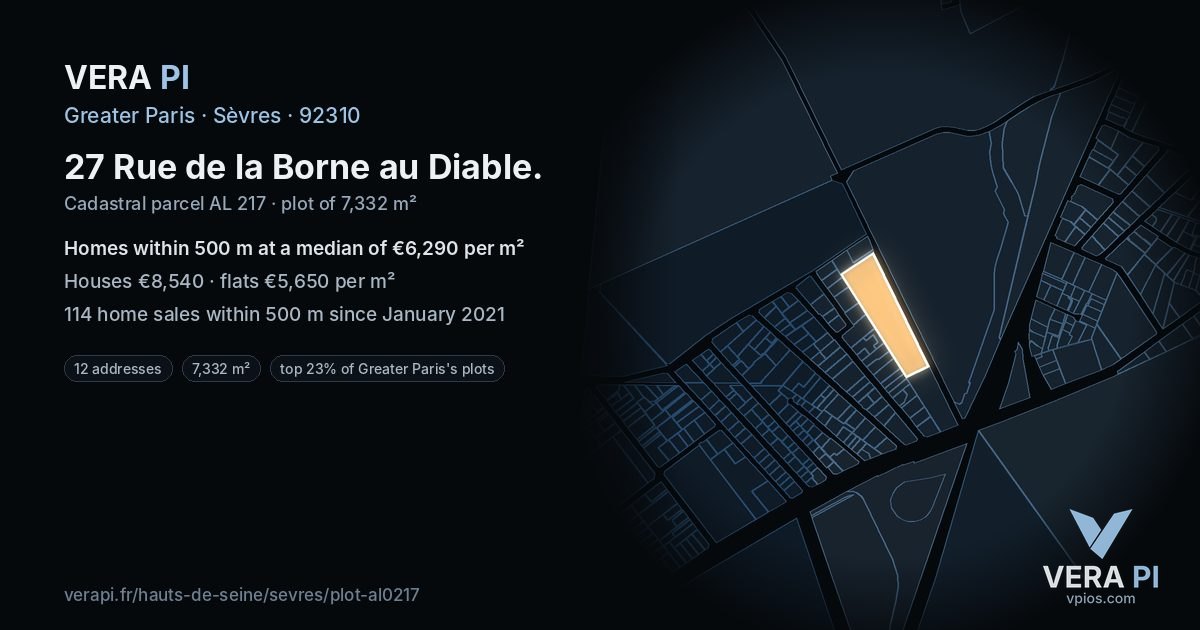 27 Rue de la Borne au Diable, Sèvres at night – the plot lit, the parcels around coloured by the prices near them